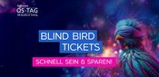 Grafik mit neonfarbenem, abstraktem Hintergrund und der Aufschrift ‚Blind Bird Tickets‘ sowie einem hervorgehobenen Hinweis auf den Start des Ticketverkaufs.