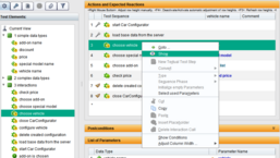 Interactions used in test sequences of test case sets can be identified in the auxiliary objects view. Double click on the name has the same function as the context menu.